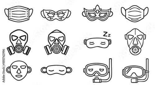 Vector Line Art of Various Masks for Protection and Disguise