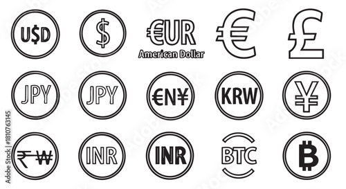 World Currency Symbols Set in Black and White Outline Vector Art