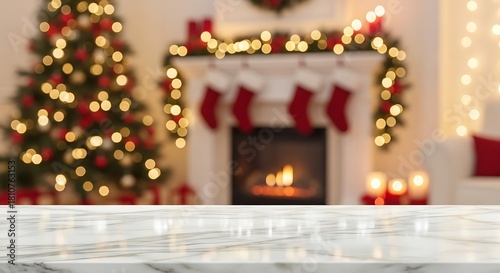 Empty white marble table with a festive blurred christmas living room background, featuring a decorated tree, glowing fireplace, and sparkling holiday lights