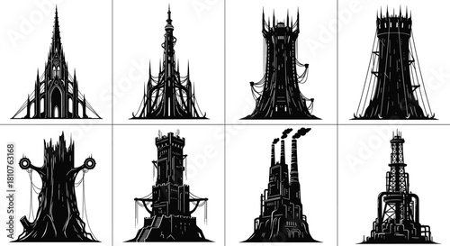 Dark fantasy gothic towers and industrial fortress structures in detailed silhouette style, dramatic architectural concept art for creative illustration design