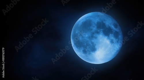 Supermoon detail. A glowing super moon with a sharply detailed lunar surface rising against a dark blue gradient night sky, astronomy, nature, and night-sky concepts.
