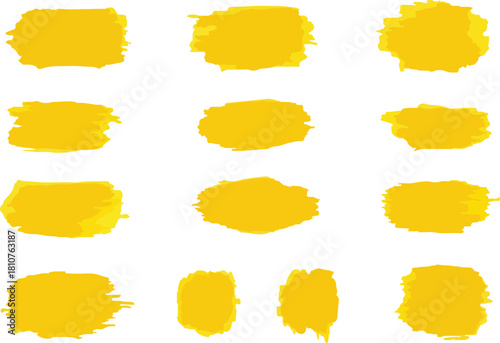 Twelve yellow brushstrokes on a white background Each has irregular edges appearing as paint blotches