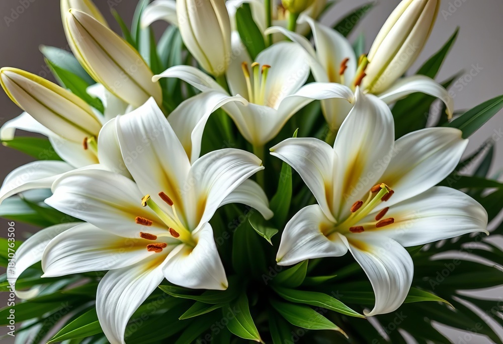 Fototapeta premium Elegant bouquet of pristine white lilies, lush green foliage, background, delicate