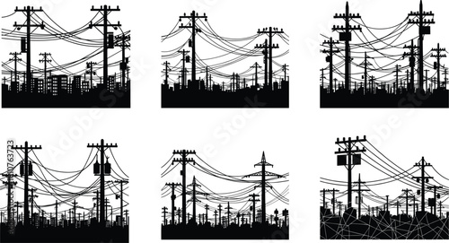 Dense urban landscape with multiple utility poles, overhead power lines and electrical infrastructure silhouettes illustrating complex city energy distribution network design