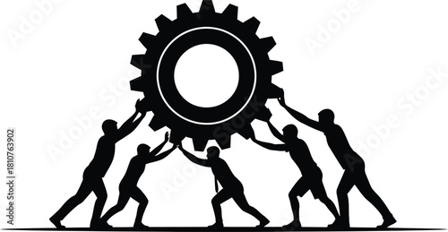 A group of people is pushing a gear isolated on white background, representing teamwork, collaboration, and the power of collective effort