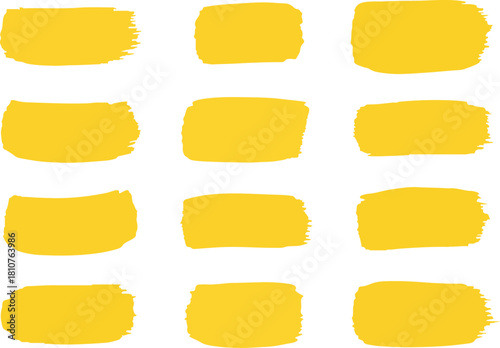 Twelve yellow brushstrokes on a white background Each stroke is a rectangular shape with textured edges