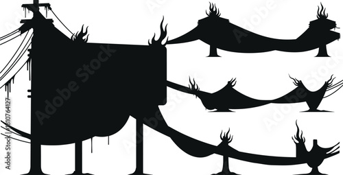 Dramatic silhouette of burning power lines and electrical poles, fiery energy cables, disaster scene illustration, high contrast dark vector art
