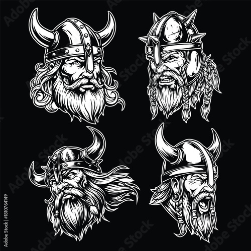 Set of viking head, nordic warrior illustration vector 