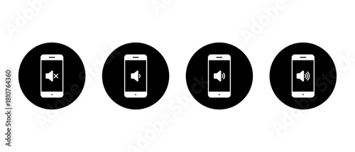 Mobile phone volume icon set in black circle. Smartphone sound speaker level symbol