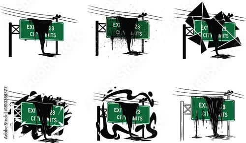 Dripping black paint on highway sign illustration, creative urban street art concept, abstract grunge effect design, modern graphic signage artwork