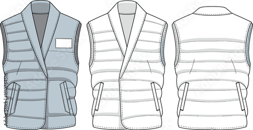 Sleeveless padded vest, fashion technical illustration, quilted wrap front, apparel design sketch, garment construction drawing, clothing vector template, side pockets, label patch