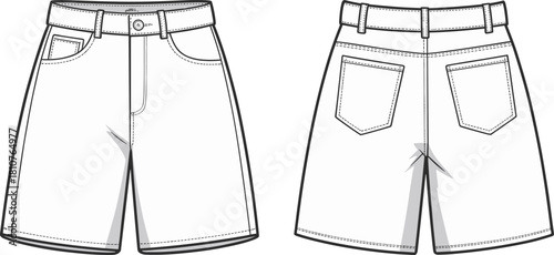 Denim shorts cad drawing flat vector illustration, front and back view jeans template, detailed stitch line fashion design sketch for clothing pattern, apparel mockup