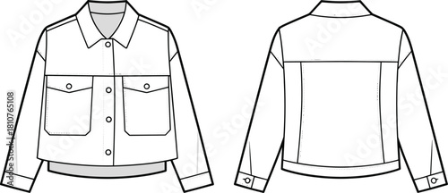 Denim trucker jacket fashion flat, front and back technical drawing with flap chest pockets and collar, apparel cad mockup clean minimal vector for production