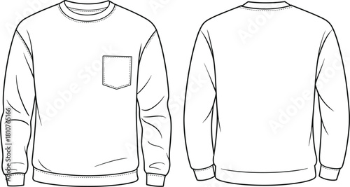 Sweatshirt front and back view, fashion flat sketch, apparel design template, clothing illustration, garment specification, casual wear, vector outline drawing