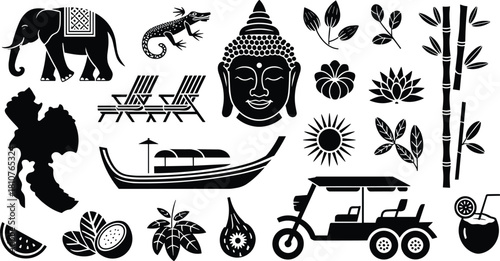 Thailand culture silhouette, elephant icon, Buddha head, tropical plants, lotus flower, tuk tuk, long-tail boat, map outline, gecko, chili pepper