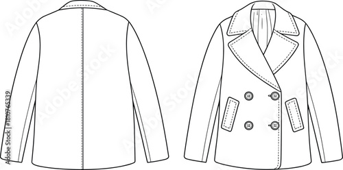 Double breasted pea coat CAD front and back technical flat with wide lapel, button closure, fashion sewing pattern for outerwear garment specification