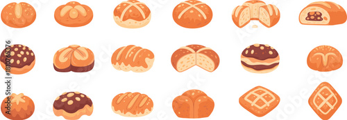 Sweet bread illustration, bakery pastry collection, dessert food art, baked goods drawing, confectionery sketch, breakfast treat vector, sugar icing design, 