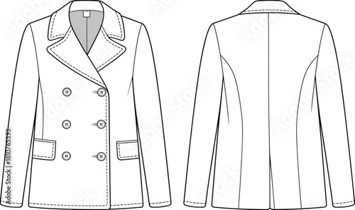 Double breasted pea coat CAD technical flat front and back with wide lapel stitching detail sewing pattern outerwear fashion garment specification vector illustration
