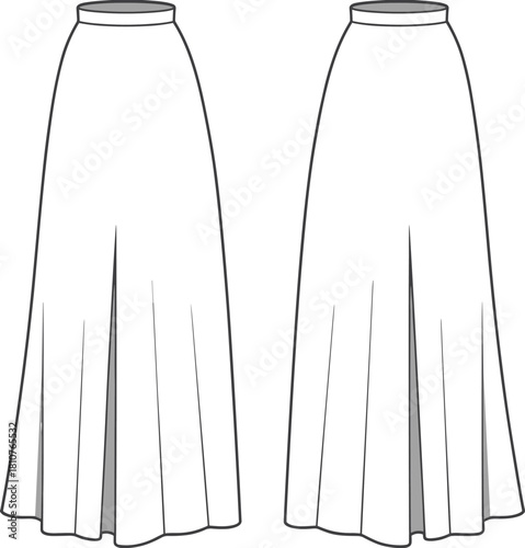 Elegant long skirt technical flat sketch front and back view, flowing fashion design template for women apparel clothing, cad drawing flat vector illustration