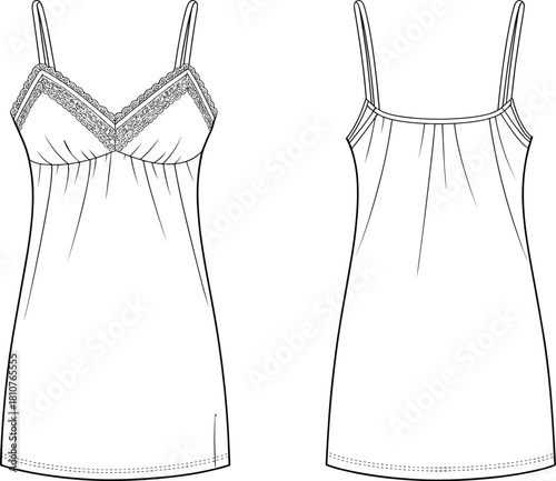 Elegant CAD streetwear flat vector illustration, lace trim camisole technical drawing, stylish lingerie apparel design, modern fashion template for women’s clothing production