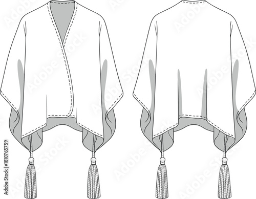 Elegant women’s kimono front and back fashion flat sketch with tassel detail, garment design technical drawing vector, poncho style apparel template, minimalist clothing illustration