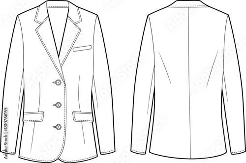 Fashion Technical Flat Drawing of a Classic Women's or Men's Tailored Blazer Jacket with Notched Lapels, Three-Button Front, and Flap Pockets, Vector Illustration