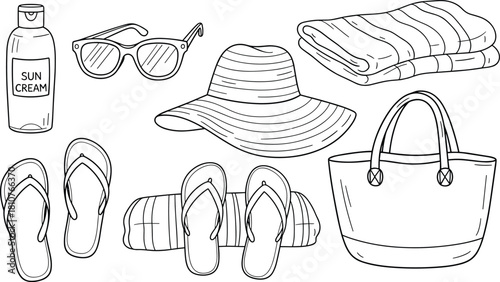 PrintSummer beach essentials illustration with sun cream, sunglasses, hat, flip-flops, towels, and beach bag, simple vacation line art design collection