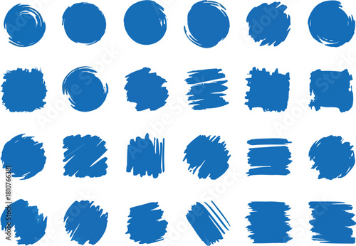 Twentyfour blue ink brushstrokes are arranged in rows and columns on a white background Shapes include circles squares and irregular forms