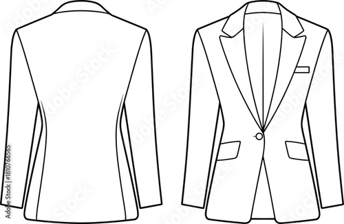 Flat technical cad drawing of tailored blazer jacket front and back with lapel pockets single button clean outline business formal fashion vector template