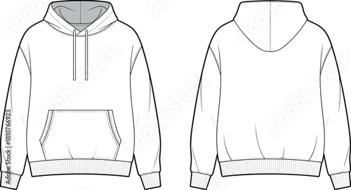 Front and back hoodie fashion flat sketch, pullover sweatshirt technical drawing with kangaroo pocket and ribbed hem, cad drawing flat vector illustration