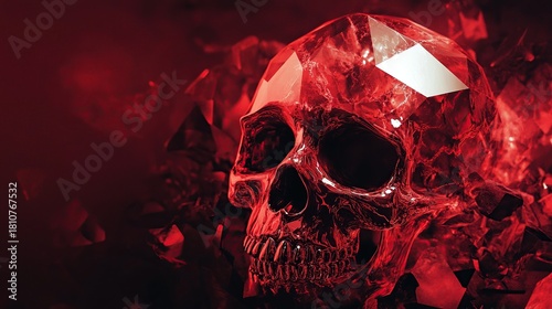 A dramatic, close-up image of a shattered skull rendered in a massive, glowing red gemstone, set against a dark, smoky background.