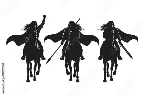 Vector illustration of heroic warriors on horseback in silhouette style.