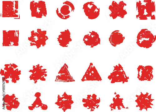 Twentyfour red stamp shapes are arranged in rows on a white background Squares circles and trianglelike shapes are present