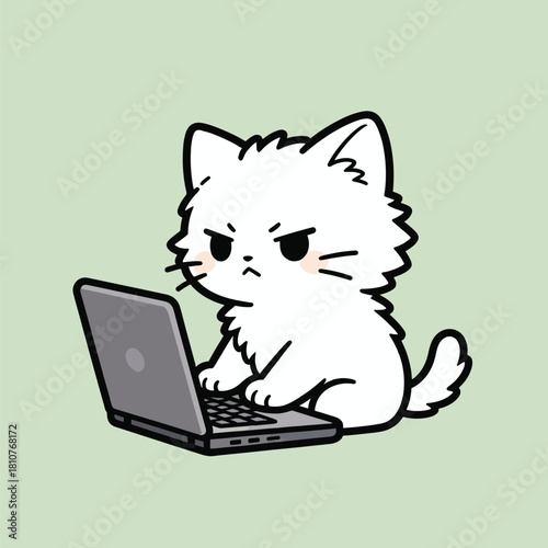 White Cat And Laptop Vector