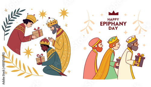 Epiphany Celebration: Illustration showcasing the biblical story of the Three Wise Men bearing gifts. A festive and cultural depiction. 