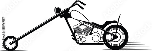 A black and white line drawing of a chopper motorcycle isolated on white background, showcasing its elongated front forks and classic design