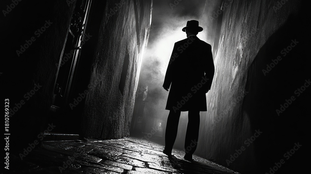 Naklejka premium A silhouetted man in a hat and coat stands in a narrow, dimly lit alleyway, appearing mysterious and contemplative as he walks into the distance.