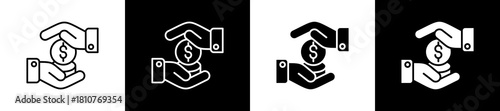Loan icon set in line and glyph style on black and white background