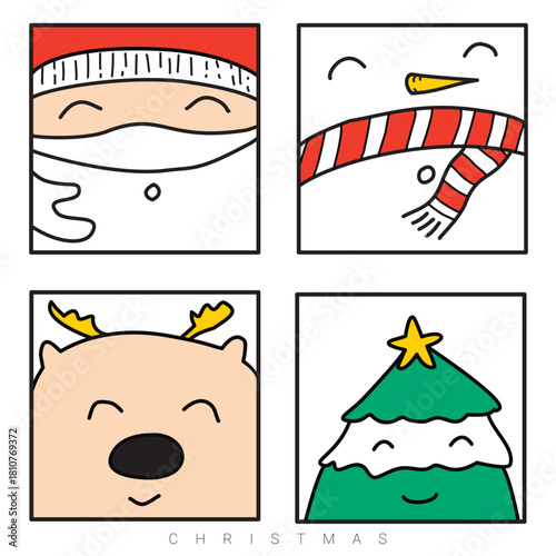 Vector illustration of christmas theme in 4 panels, Santa claus, snowman, rudolf the reindeer and a christmas tree with a star