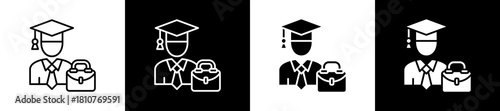 Apprentice icon set in line and glyph style on black and white background