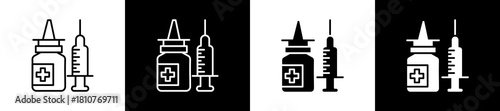 Vaccine icon set in line and glyph style on black and white background