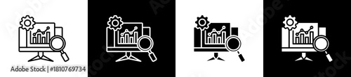Monitoring icon set in line and glyph style on black and white background