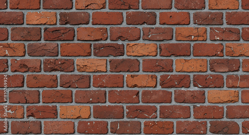 Fototapeta premium Red brick wall texture featuring varied tones and grey mortar lines between rectangular bricks