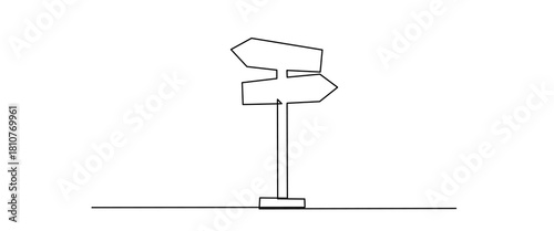 One Continuous line drawing of Road direction signpost arrows to the right and left and plate, Road direction sign