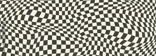 Trippy checkerboard background. Retro psychedelic checkered wallpaper. Wavy groovy chessboard surface. Distorted liquid geometric grid chess pattern. Abstract old race flag backdrop. Vector