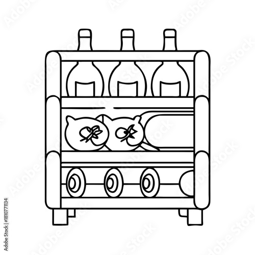 Wine Rack. Furniture Interior Decoration Cartoon Animal Clipart Line Art Vector Illustration. Storage unit for vino bottles countertop display grape beverage. See Less