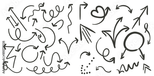 Arrow vector line set. Charcoal hand drawn pencil arrows. Doodle curved chalk darts. brush sketch arrow line curve up, down shape chalk texture element set. Abstract grunge scribble chalk crayon styl