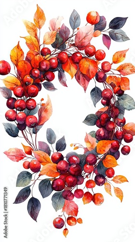 Vibrant Watercolor Autumn Wreath Featuring Bright Red Berries and Colorful Leaves for Seasonal Decor
