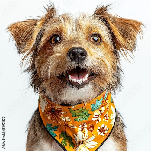 Adorable Dog Wearing a Stylish Yellow Bandana Looking Playful and Happy in a Lively Outdoor Setting