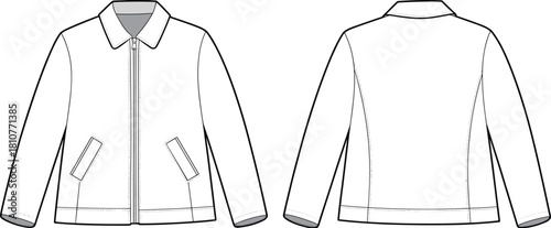 Front and back jacket technical flat sketch, fashion cad drawing vector template, outerwear design outline, clothing pattern illustration for apparel production and garment manufacturing